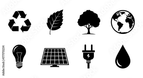 Eco-friendly icons: recycling, solar, and renewable energy symbols