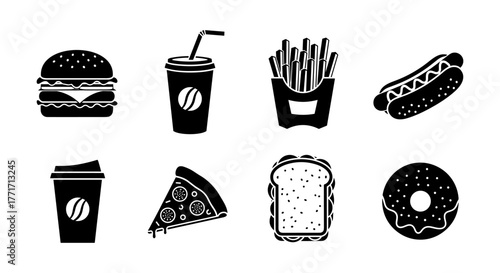 Silhouette icons of fast food: burger, soda, fries, hot dog, coffee, pizza, sandwich, donut