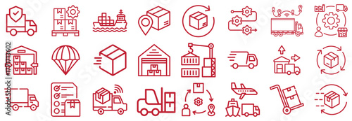 Logistics and Delivery Icons Set - Red Line Art