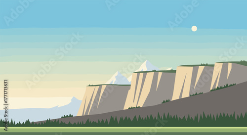 Scenic landscape with cliffs and snowy mountains at dawn