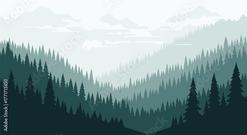 Misty mountain landscape with pine trees and foggy hills in flat style