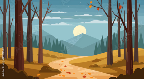 Autumn forest pathway in flat style with mountains and moonlit sky