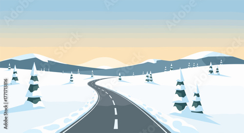 Scenic winter landscape with road through snowy mountains at sunset
