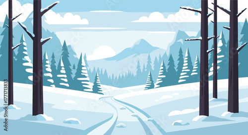 Winter landscape with snow-covered pines and mountains in a flat style