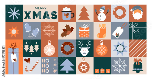 Merry Christmas grid background banner with flat winter icons and symbols in retro holiday colors for festive web headers, greeting cards, packaging, and seasonal marketing. Vector illustration