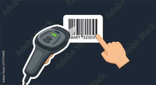 Hand scanning barcode with reader on dark background