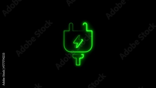 Green Neon Outline Icon of an Electrical Plug with Lightning Bolt Symbol on Black Background power plug