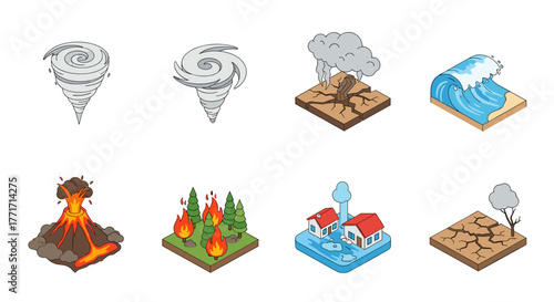 Natural disasters collection: tornado, earthquake, tsunami, volcano, wildfire, flood
