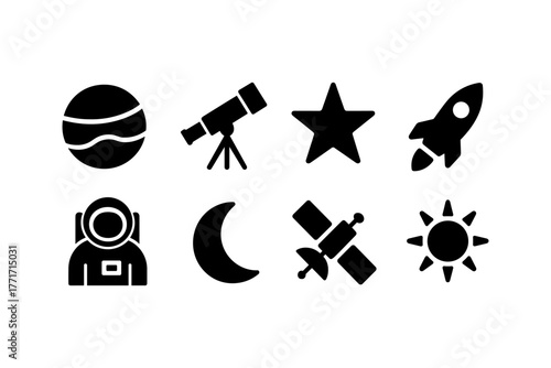 Space exploration icons set: telescope, astronaut, rocket, satellite, celestial bodies