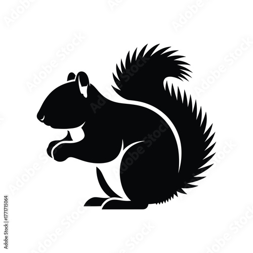 Stylized black silhouette of a squirrel holding a nut against a