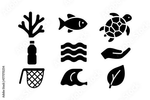 Minimal black icons representing ocean conservation and marine life