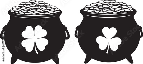 Two pots of gold with shamrocks silhouette
