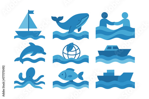 Ocean icons set: marine life and nautical symbols in blue flat design