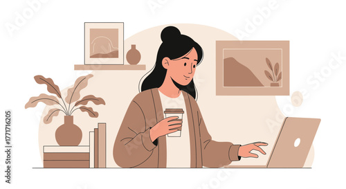 Woman Working From Home Using Laptop, Enjoying Coffee, and Smiling  At Her Computer