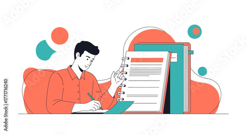 Young Man Working, Planning, And Writing With Documents In A Modern Illustration Style