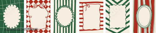 Set of 6 decorative Christmas frames in red and green with bows, stripes, and geometric patterns. Perfect for holiday cards, invitations, posters, and festive design projects