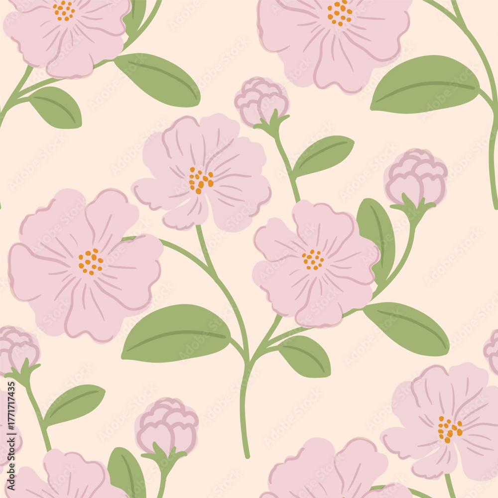 Fototapeta premium Vector seamless floral pattern with soft pink tulips and green leaves, elegant hand drawn botanical design for fabric, interior, and packaging