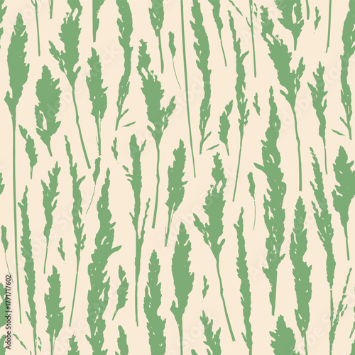 Pampas grass on green seamless pattern. Herbs background for postcards, wallpaper, wrapping paper.