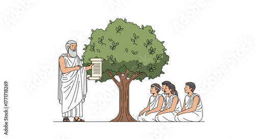 A wise philosopher from ancient Greece teaches his students under a tree, a scene for World Philosophy Day