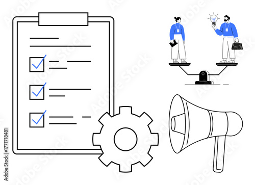 Clipboard with checkmarks, gear cog, and people on a scale holding ideas. Highlights collaboration, task management, work-life balance, project planning, decision-making innovation teamwork. Simple