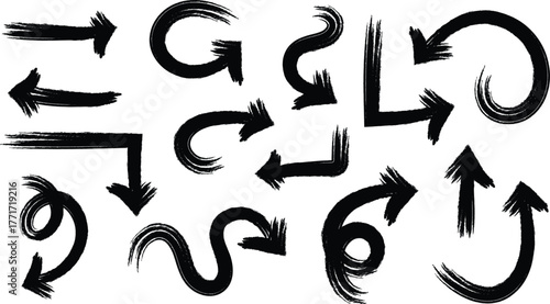 Hand Drawn Black and White Arrows Vector Illustration, Chalk Pencil Charcoal Doodle Arrow Set, Sketch Direction Symbols and Marker Design Elements