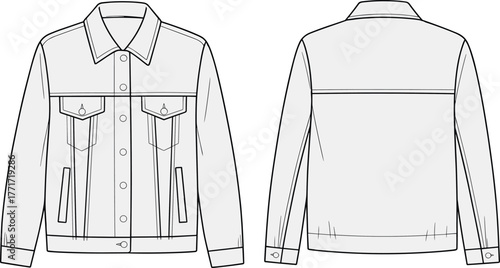 Denim jacket vector illustration, fashion flat sketch front and back view, unisex outerwear design, technical drawing template, clothing vector mockup for apparel design