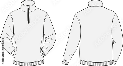 Technical flat sketch of unisex half zip pullover sweatshirt with high collar, ribbed hem and cuffs, front and back fashion template design
