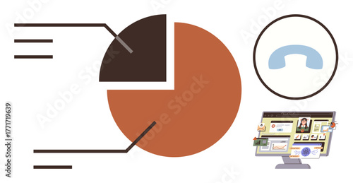Pie chart segments with detailed data points connected to office tools, including phone icon and computer screen with collaborative tools. Ideal for data sharing, teamwork, communication, digital