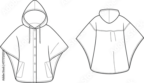 Hooded poncho fashion template, technical drawing, apparel flat sketch, cape jacket design, garment illustration, casual outerwear mockup, clothing vector style