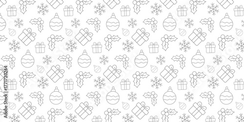 Subtle outline Christmas pattern. Seamless holiday background with festive gift boxes, snowflakes, and ornaments. Perfect for winter designs