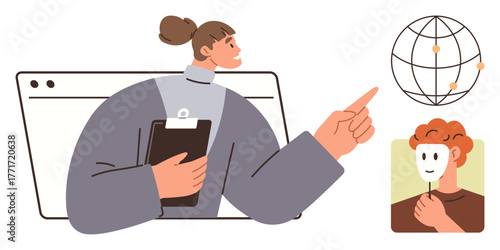 Woman interacts with web browser interface, pointing at sphere with global nodes. Person holding face mask symbolizes identity or deception. Ideal for networking, global communication, cybersecurity