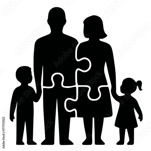 Interlocking Puzzle Piece Family Silhouette Representing Unity and Individuality on White Background