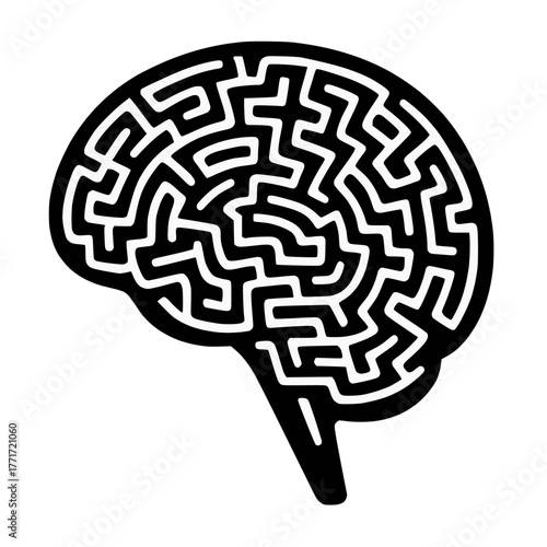 Maze Brain Silhouette with Winding Paths and Dead Ends on White Background