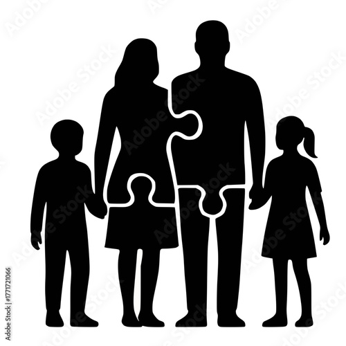 Interlocking Puzzle Piece Family Silhouette Representing Unity and Individuality on White Background