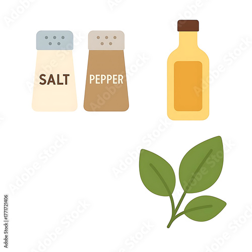 A simple illustration of essential seasonings salt pepper oil and fresh herbs for culinary preparation