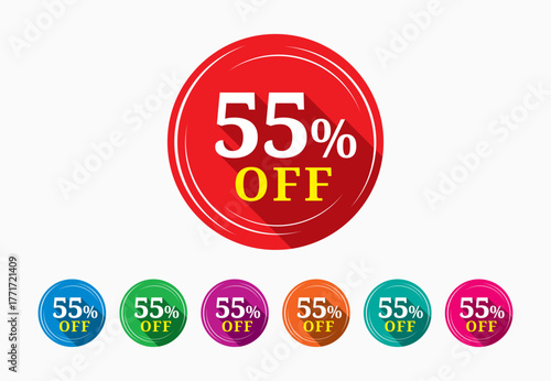Discount tag template. Discount buy now label pop-up banner with 55 percent off price reduction badge promotion, red discount sale tags with percentages.
