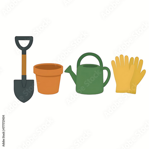 Essential gardening tools including a shovel watering can pot and gloves for planting and cultivation