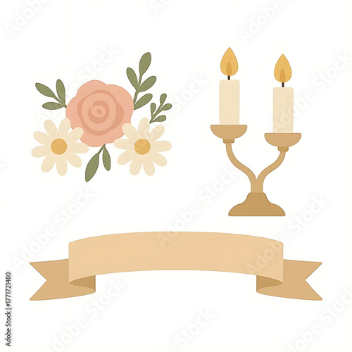 Elegant floral arrangement ornate candle holder and decorative ribbon for celebrations