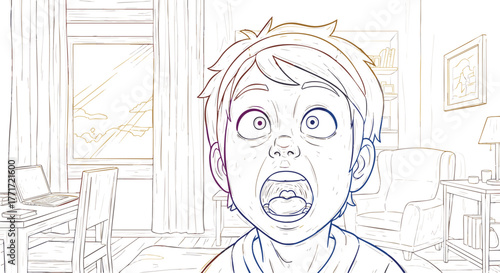 Close-up sketch of a surprised young boy with wide eyes and an open mouth in a brightly lit room