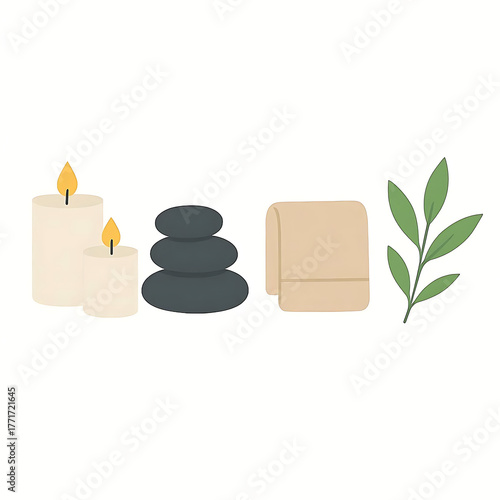 Serene spa elements featuring lit candles stacked hot stones rolled towel and fresh green leaf