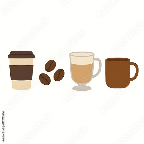 A collection of coffee related items including a travel mug roasted beans a latte and a ceramic mug
