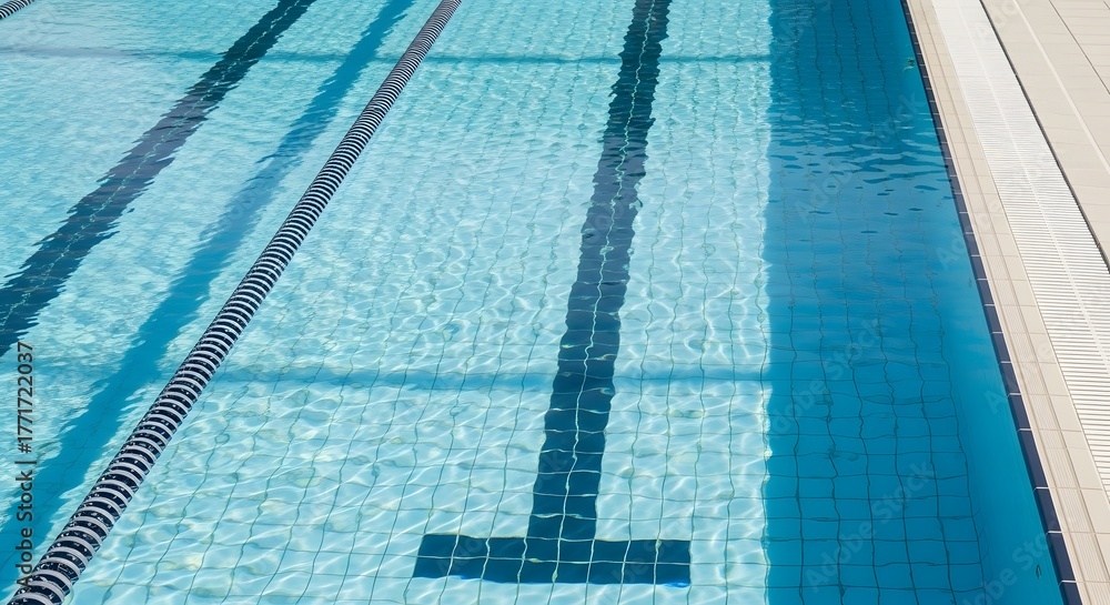 Obraz premium Minimal swimming lane in bright blue pool with sunlight reflections