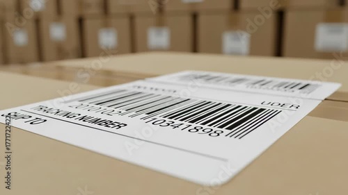 A close-up view of a shipping label displaying a barcode and tracking number on a cardboard box