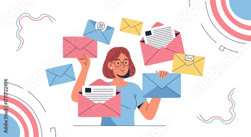 Email Communication Process Showing A Young Woman Surrounded By Letters For Business.