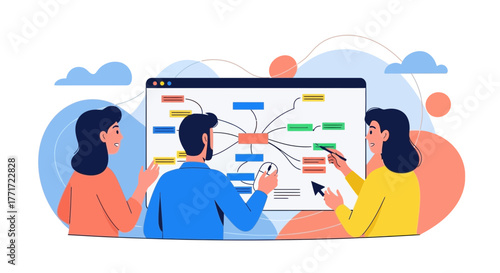 Business Teamwork Analyzing Digital Mind Map Together Showing Strategy Process