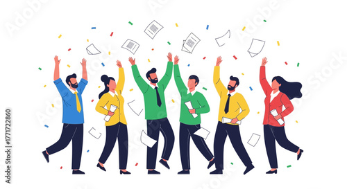 Business Team Celebrating Success With Throwing Papers And Cheering Vector Illustration