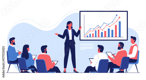 Businesswoman Presenting Data Visualization And Statistics Graphics In Professional Meeting