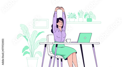 Businesswoman Stretches And Refreshes While Working At Her Modern Ergonomic Desk