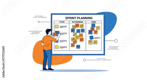 Collaborative Team Planning Illustration Featuring A Scrum Master And Task Management Board