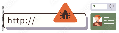 Malware alert on a URL bar with red warning symbol, magnifying glass, and user identity card. Ideal for cybersecurity, phishing, online safety, privacy, hacking, awareness and digital caution